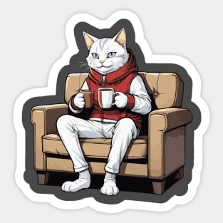 White Cat Sipping on Hot Chocolate Sticker